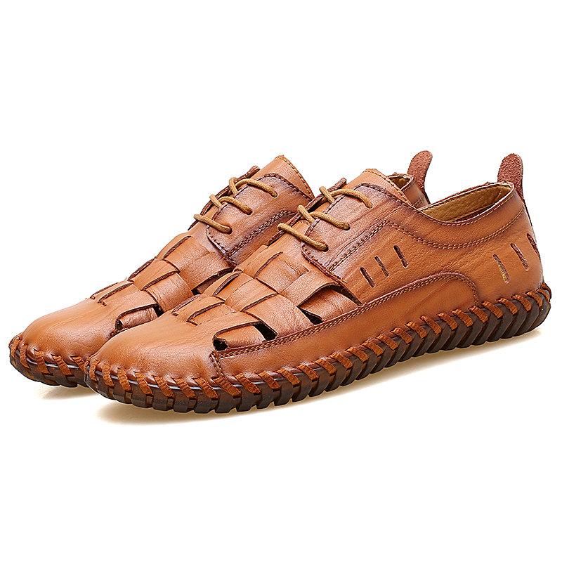 Large Size Men Hand Stitching Woven Style Soft Leather Shoes