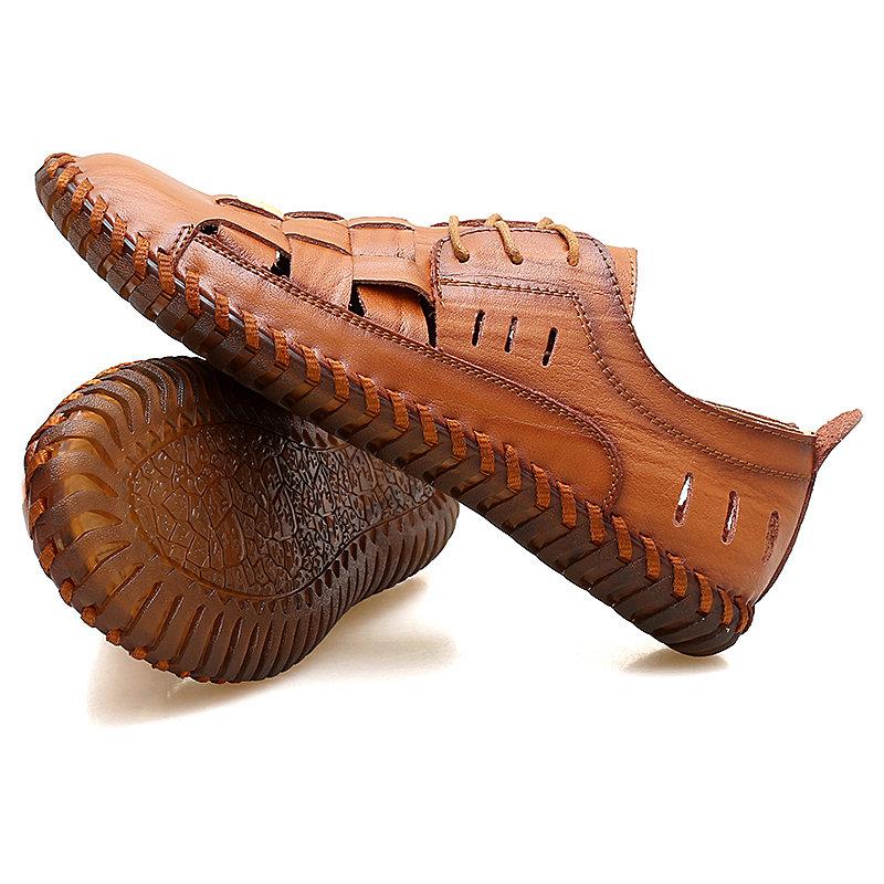 Large Size Men Hand Stitching Woven Style Soft Leather Shoes