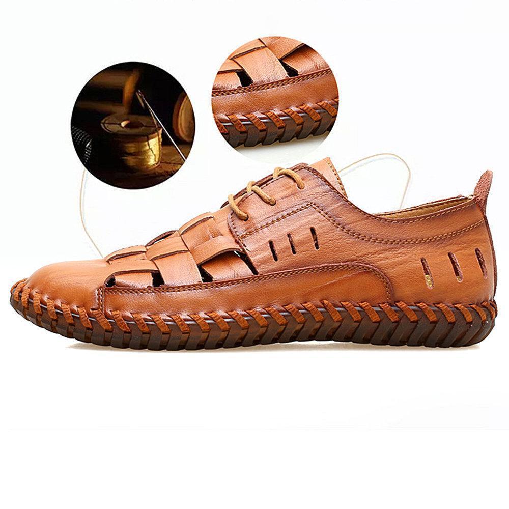 Large Size Men Hand Stitching Woven Style Soft Leather Shoes