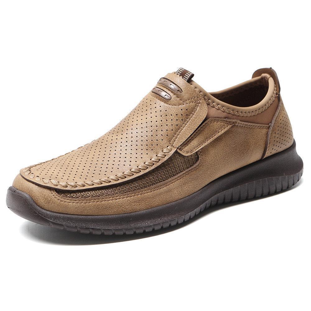 Men Hand Stitching Hole Breathable Non-slip Slip On Casual Leather Shoes