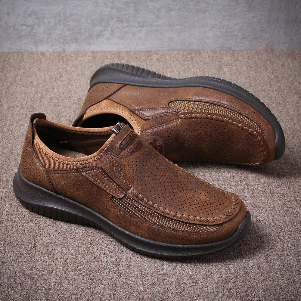 Men Hand Stitching Hole Breathable Non-slip Slip On Casual Leather Shoes