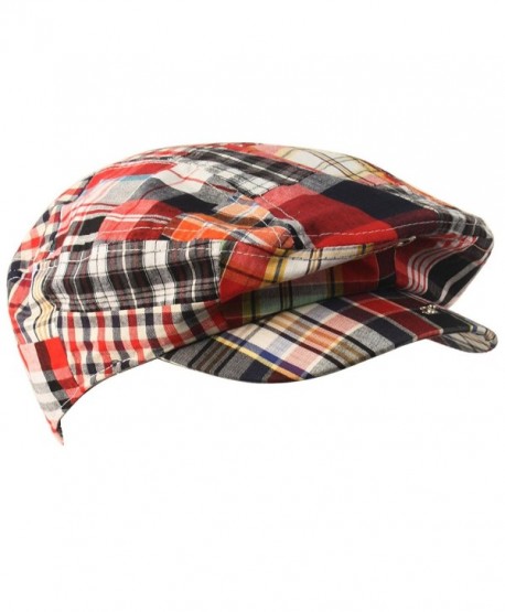 Men's Summer Preppy Tartan Plaid Front Snap Flat Golf Ivy Driving Cap Hat - Red