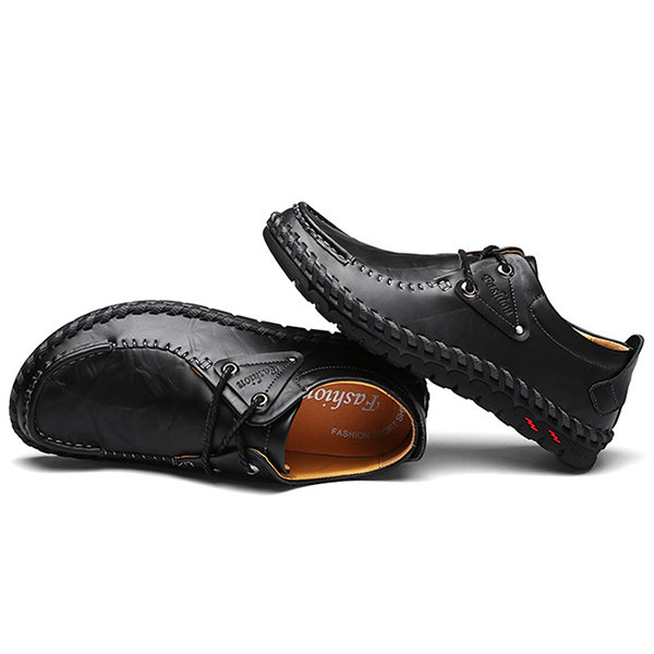 Men Cow Leather Hand Stitching Soft Sole Casual Shoes