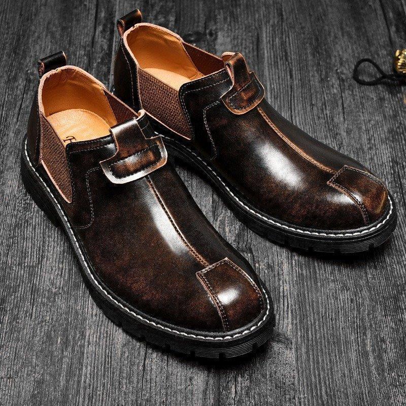 Men Cap Toe Elastic Slip On Slip Resistant Work Style Genuine Leather Shoes